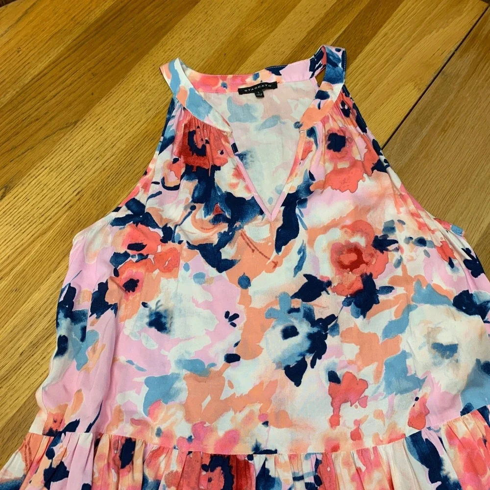 Staccato Pink Blue Floral Tiered Halter V-Neck Rayon Dress Size Large‎ 71397A